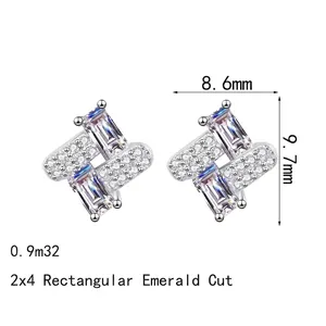 Elegant S925 sterling silver rectangular moissanite stud earrings measuring 8.6mm by 9.7mm
