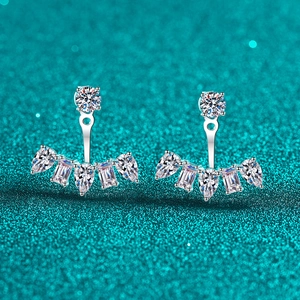 S925 Sterling Silver Moissanite Stud Earrings For Women Split Design Fan Shaped Ear Jacket Sparkly Luxury Jewelry Earrings