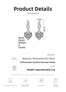 Detailed size specifications of S925 sterling silver heart moissanite drop earrings