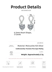 Macro detail of 2.0ct heart moissanite earrings with infinity silver setting and dimensions