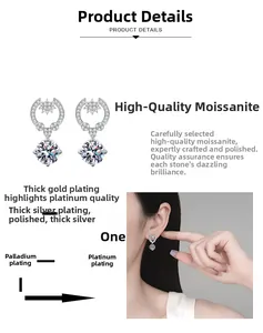 Détail macro des boucles d'oreilles en Moissanite avec placage rhodium et vue portée