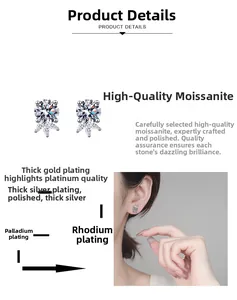 Macro detail of S925 silver moissanite studs showing rhodium plating and leaf accents
