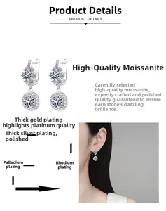 Detail of S925 sterling silver moissanite earrings with multi-layer platinum plating