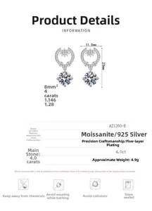 Spécifications de taille pour boucles d'oreilles moissanite 4.0ct en argent 925