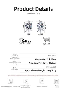 Detailed specs of S925 silver moissanite earrings with 1.0ct and 2.0ct marquise stone sizes