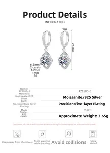 Detail view of 925 silver Moissanite drop earrings with precise dimensions and technical specs