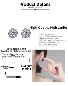 Macro shot of 925 silver moissanite snowflake stud earrings with premium plating finish