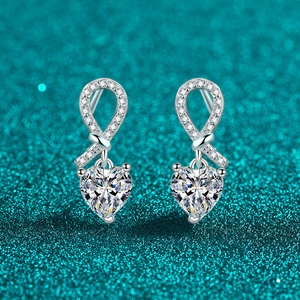 925 Sterling Silver Moissanite Heart Stud Earrings Elegant Ribbon Knot Zirconia Dangle Earrings For Women Fashion Jewelry