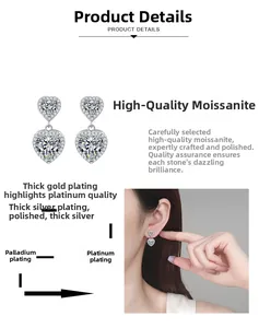 Close-up of S925 silver double heart moissanite earrings showing multi-layer plating finish