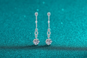 Macro shot of S925 silver moissanite drop earrings with tassel design and round cut stones