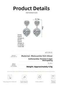 Detailed dimensions of S925 silver double heart moissanite earrings showing 22mm length