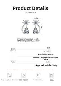 Dettagli orecchini in argento S925 con moissanite a goccia da 2ct e dimensioni esatte