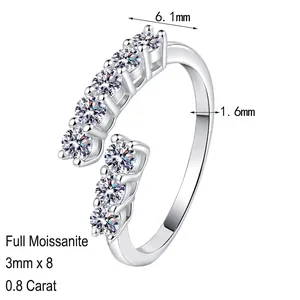 Irregular S925 sterling silver open ring set with eight 3mm moissanite stones