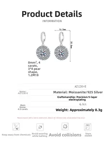 Detailed size specifications of 925 silver moissanite sunflower earrings with measurements
