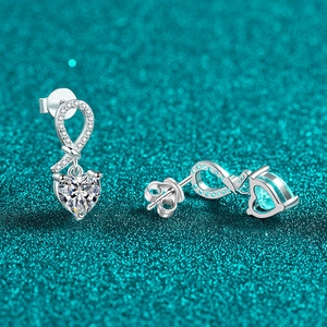 S925 silver infinity heart drop earrings with moissanite stones and pavé diamonds