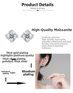 Detailed view of square moissanite stud earrings featuring S925 silver and 4-claw setting