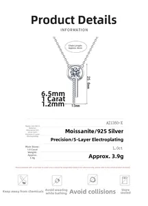Detail view of 925 sterling silver moissanite necklace with dimensions and size chart