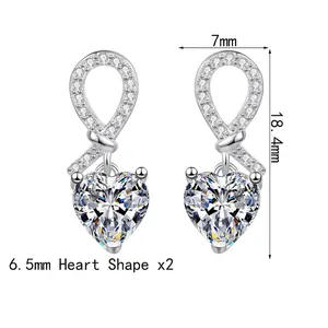 Elegant S925 sterling silver heart-shaped moissanite earrings with knot accent