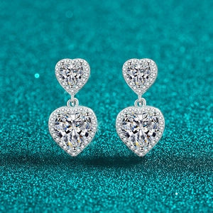 S925 Sterling Silver Moissanite Zirconia Double Heart Drop Earrings For Women Elegant Heart Shaped Halo Rhinestone Dangle Earrings