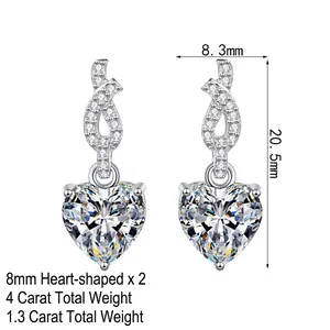 Elegant 925 sterling silver heart-shaped moissanite earrings with ribbon detail