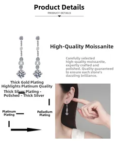 Detailed view of long S925 silver moissanite tassel earrings with thick rhodium plating