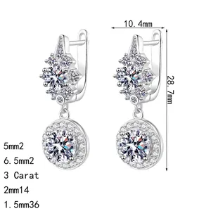Elegant 3ct moissanite S925 silver drop earrings with brilliant round cut and small stones