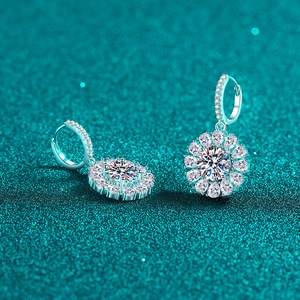 Exquisite S925 sterling silver moissanite sunflower drop earrings with sparkling stones