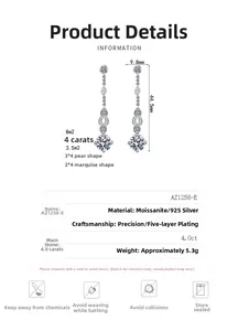 Detail view of S925 sterling silver tassel earrings with size dimensions and parameters