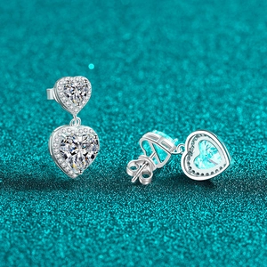 S925 Sterling Silver Heart Moissanite Drop Earrings with Double Heart Design for Women