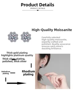 Detail of sunflower moissanite studs with multi-layer plating and model wearing effect
