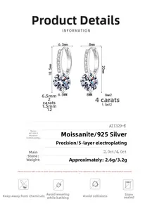 Tableau détaillé des spécifications des boucles d'oreilles en argent S925 et moissanite