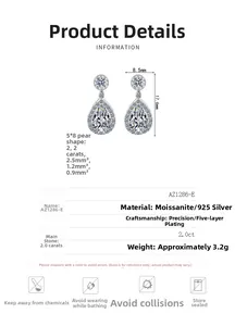 Detailed technical specs of 925 silver pear cut moissanite drop earrings and dimensions