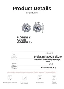 Detail view of sunflower moissanite earrings in 925 silver with 2.0ct main stone specs