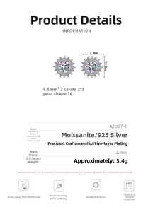 Detailed size specifications for 2ct moissanite sunflower 925 silver stud earrings