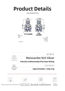 Details zu S925 Silber Moissanit Ohrringen mit Größenangaben von 1,2ct und 2,6ct Diamanten