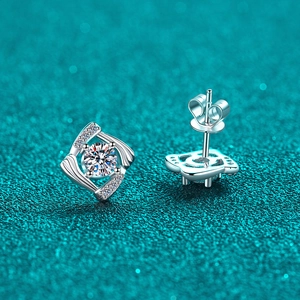 Elegant S925 sterling silver geometric diamond stud earrings with hollow rhombus design