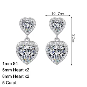 S925 sterling silver heart-shaped moissanite dangle earrings with halo diamonds