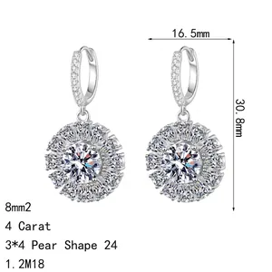 Elegant S925 silver sunflower earrings with 8mm moissanite and halo pear-shaped stones