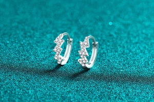 Macro shot of S925 silver lightning bolt hoop earrings with shimmering moissanite stones