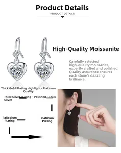 Detail of heart-shaped moissanite earrings with multi-layer rhodium plating and S925 silver