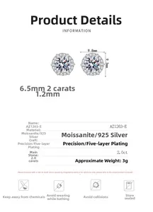 Detailed size specifications for 2.0ct Moissanite 925 silver stud earrings