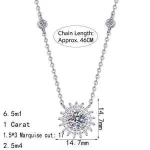 Collier tournesol en argent S925 avec moissanite de 1 carat et chaîne de 46 cm