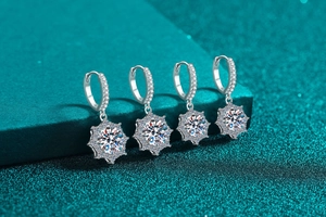 Macro shot of S925 sterling silver moissanite octagon earrings with sparkling stones
