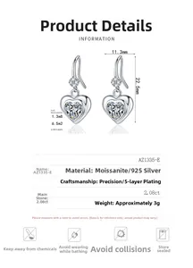 Macro detail of S925 sterling silver heart earrings with 2.08ct moissanite dimensions