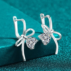 S925 Sterling Silver Bow Knot Heart Moissanite Stud Earrings For Women Heart Cut Moissanite Zirconia Ear Studs Jewelry