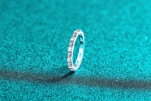 Macro shot of S925 sterling silver baguette-cut moissanite eternity ring with metallic finish