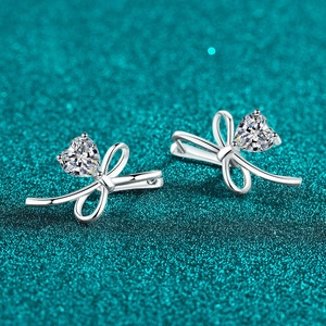 Elegant S925 sterling silver bow heart stud earrings with sparkling moissanite stones