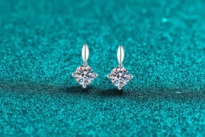 Macro detail of S925 sterling silver water drop earrings with brilliant round moissanite