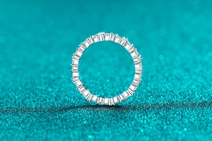 Vue macro de la bague d'éternité en argent S925 sertie de pierres de moissanite