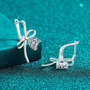 Elegant S925 sterling silver bow knot earrings with heart shaped moissanite stones